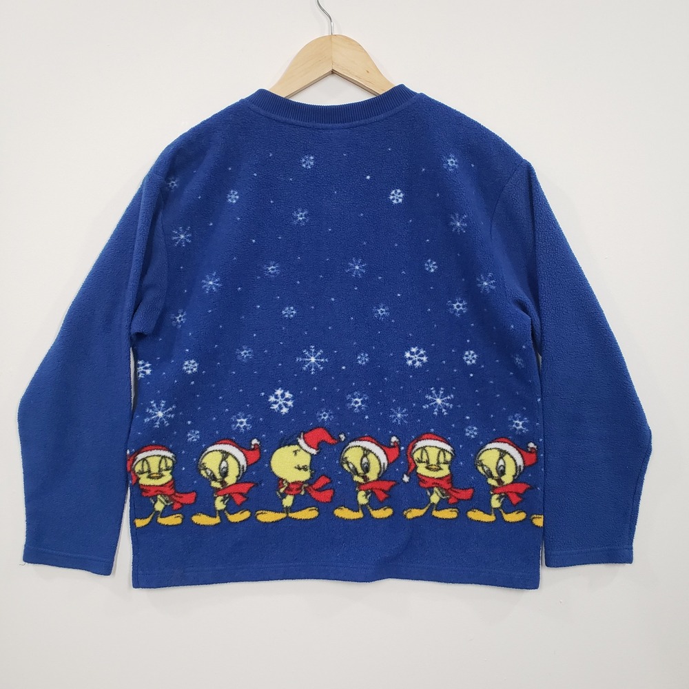 Vintage Y2K Classic Looney Tunes Tweety‎ Bird Christmas Fleece Sweater V Neck - Picture 2 of 5
